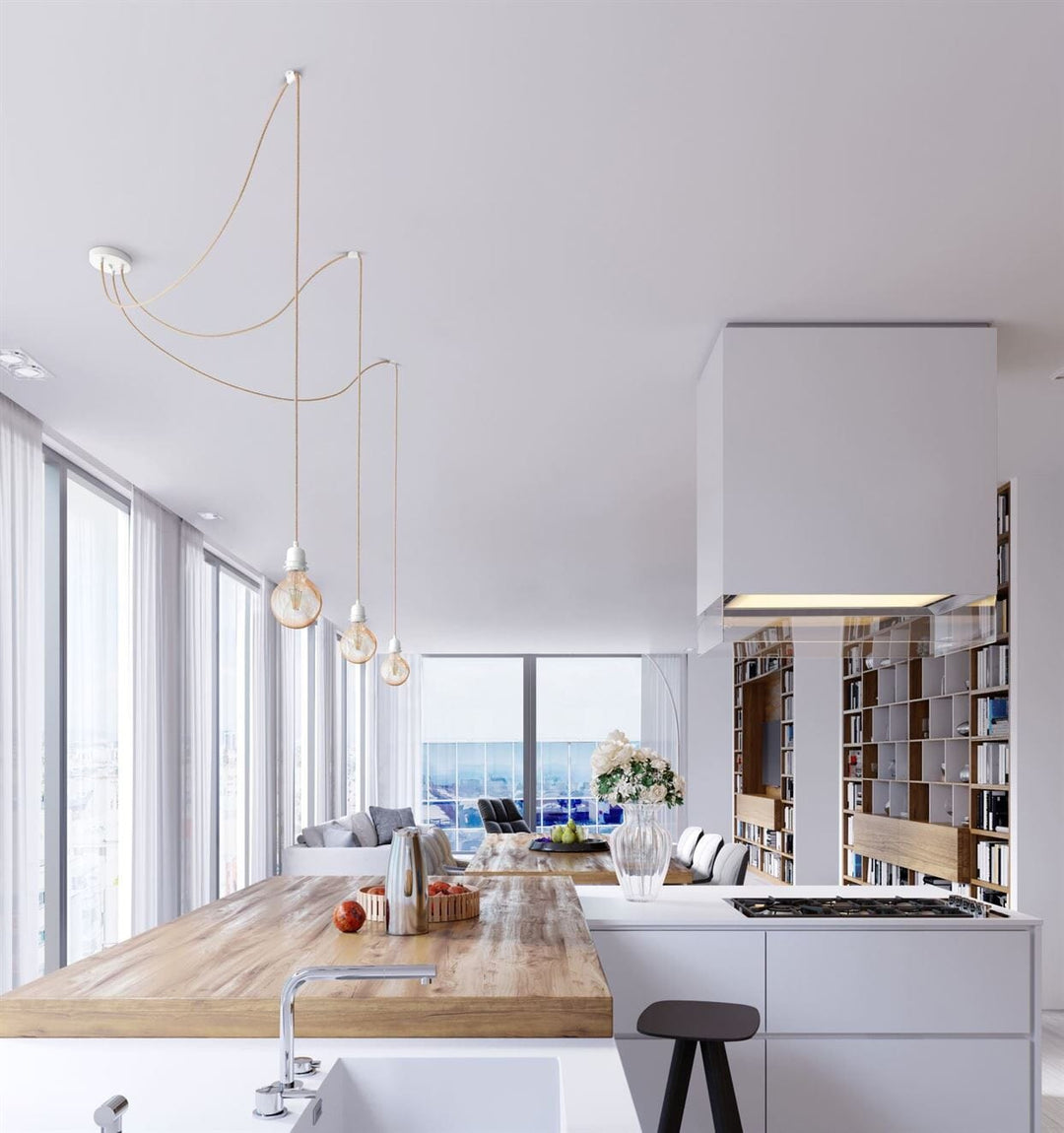 Suspension luminaire avec 3 ampoules connectées pour grand salon, design naturel