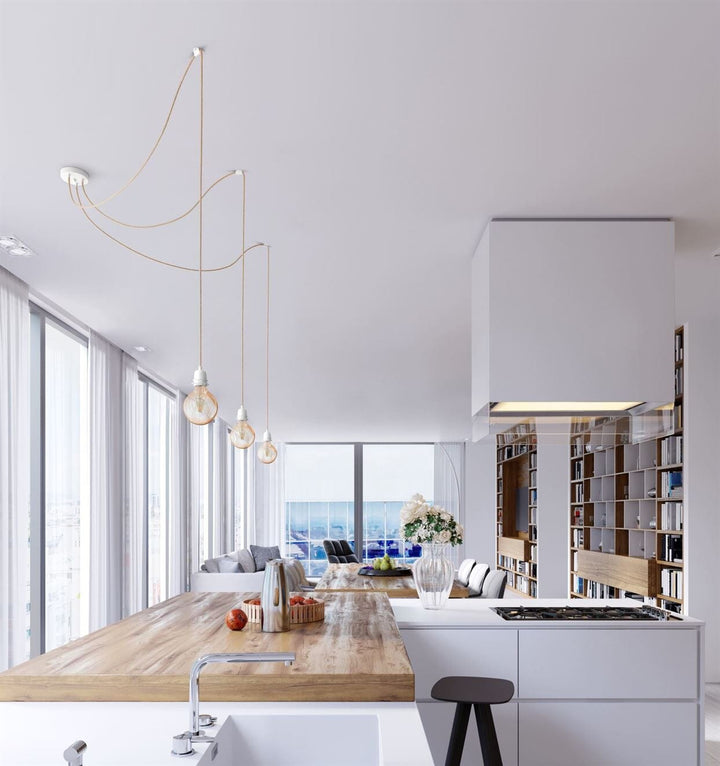 Suspension luminaire avec 3 ampoules connectées pour grand salon, design naturel