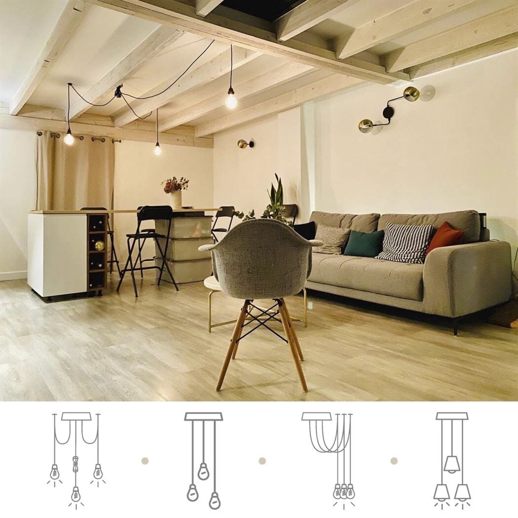 Suspension luminaire ficelle brute, décoration d’un petit salon noir contemporain