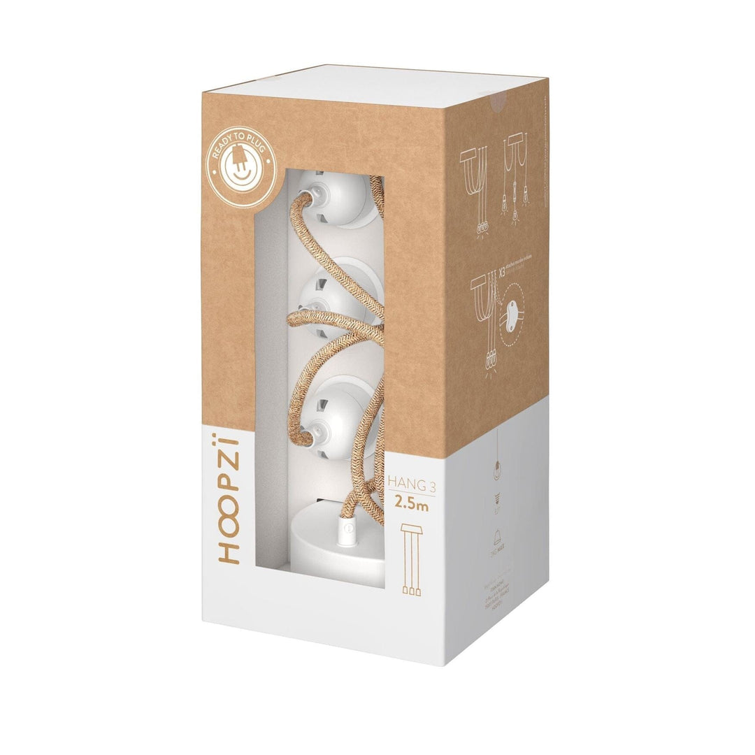 Suspension luminaire en lin brut et blanc, produit emballé