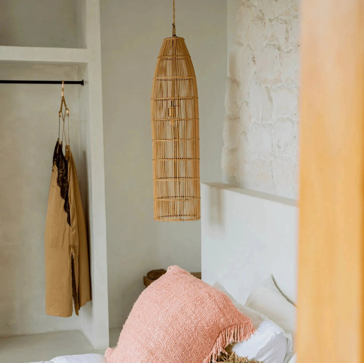 Abat-jour suspendu en rotin Bali Fish Filet – Luminaire bohème chic Abat-jour Hoopzi