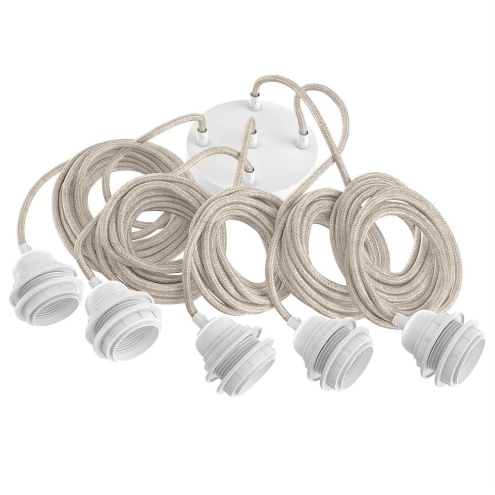 Suspension luminaire avec câbles en lin et douilles blanches, vue produit