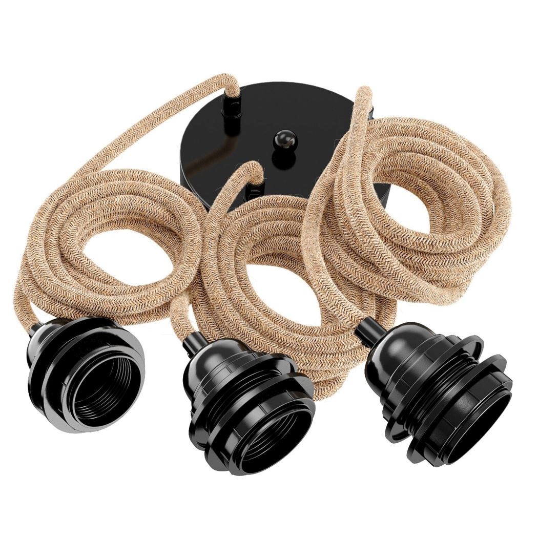 Suspension noire en corde lin brut, 3 douilles E27