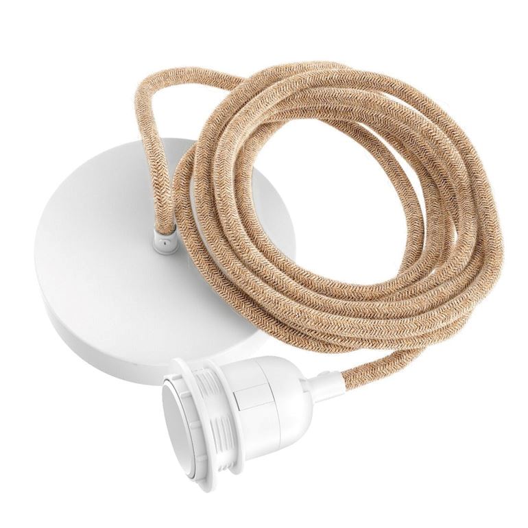 Suspension luminaire ficelle lin avec douille E27 blanche