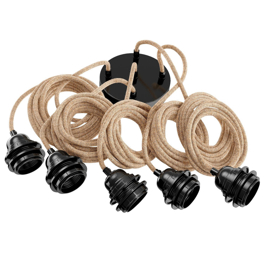 Suspension ficelle en lin socle noir et douilles E27