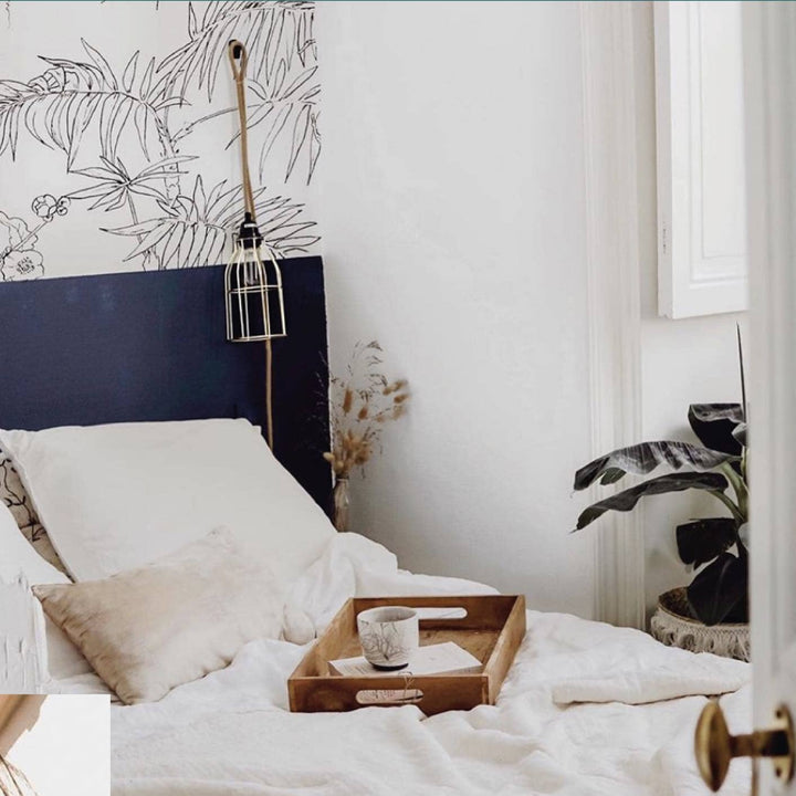 Suspension chambre adulte en lin avec finition sobre et chaleureuse