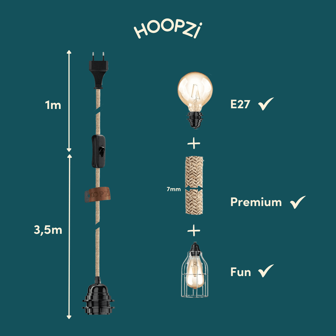 Suspension luminaire ficelle brute avec douille E27 et cage métal