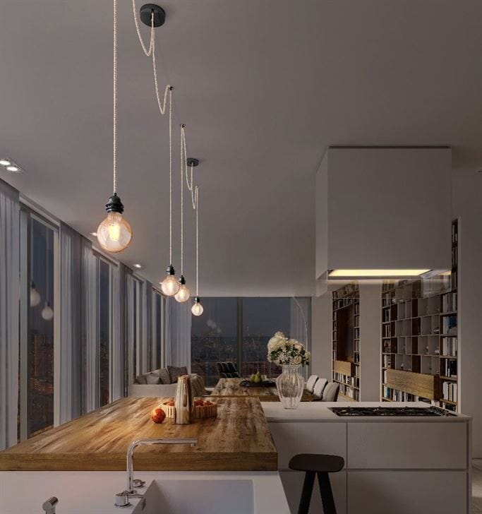 Cuisine moderne avec suspension câble en ficelle naturelle