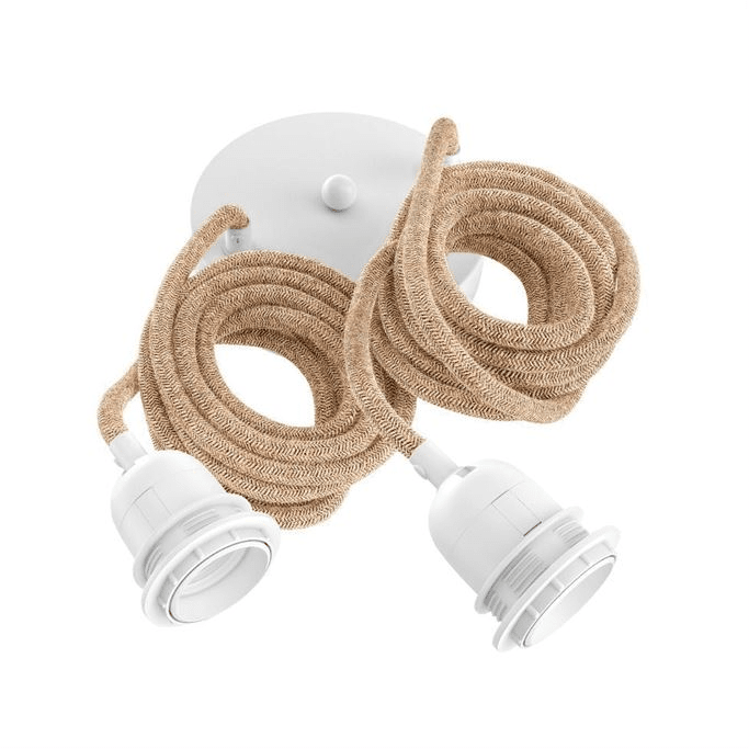 Suspension en lin naturel avec câbles en ficelle et douilles blanches