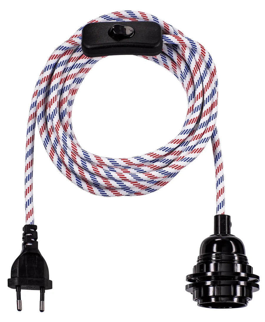 Lampe baladeuse bleu blanc rouge, câble luminaire tissé avec prise sans travaux