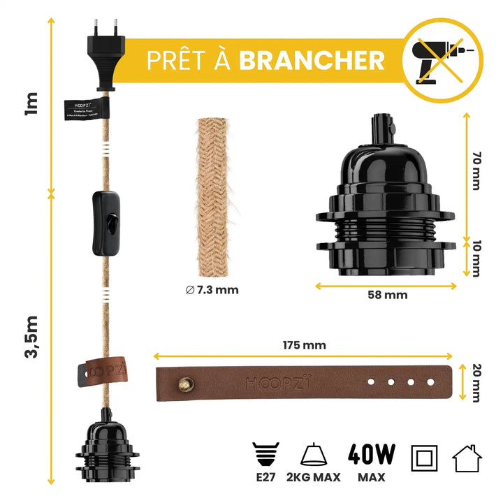 Dimensions cable luminaire avec prise bala HOOPZI