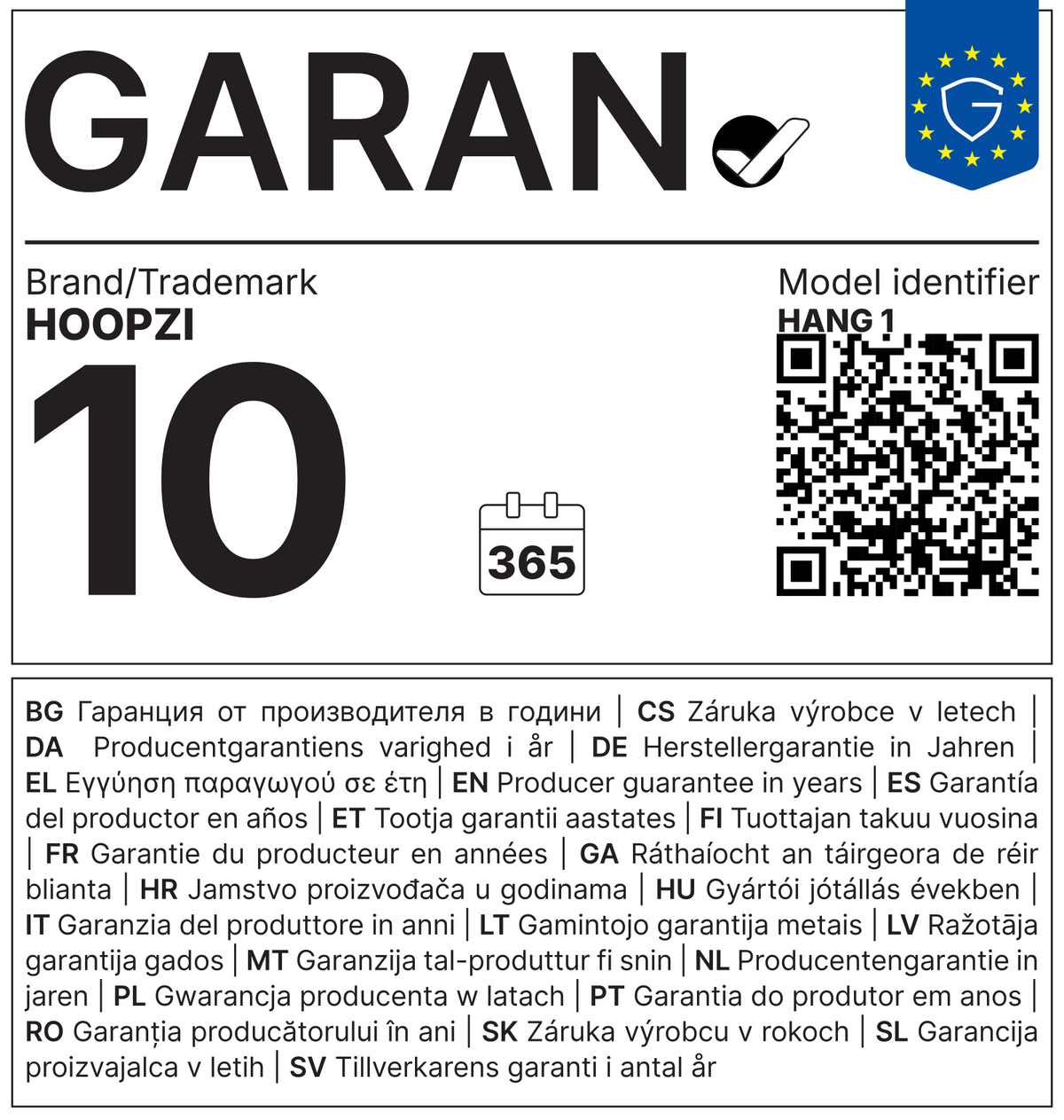 Étiquette GARAN : garantie commerciale de durabilité de 10 ans offerte par HOOPZI sur le modèle HANG 1