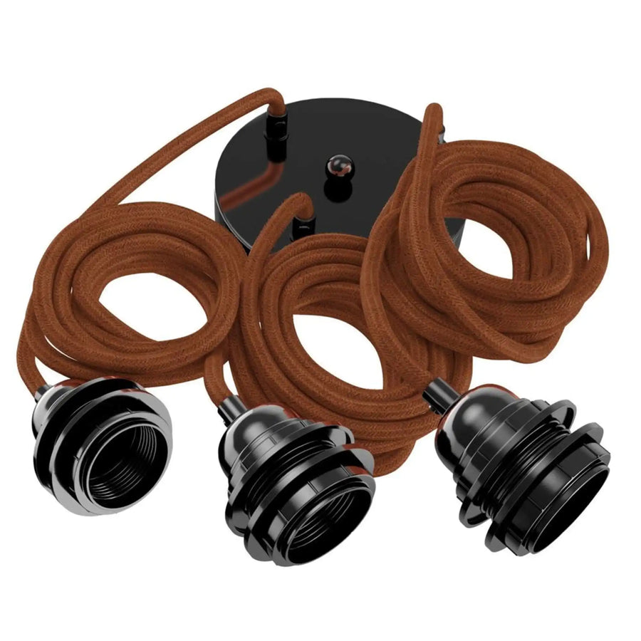 Suspension lin, cordon brique terracotta, 3 ampoules, douilles noires - HANG de HOOPZI