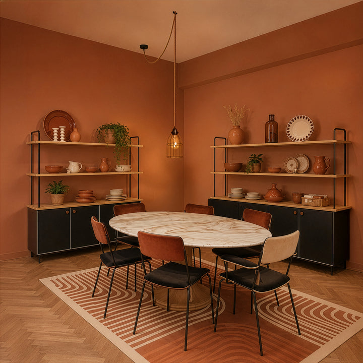 Salle à manger avec suspension 1 ampoule tissée en lin couleur terracotta abat-jour Cage HOOPZI