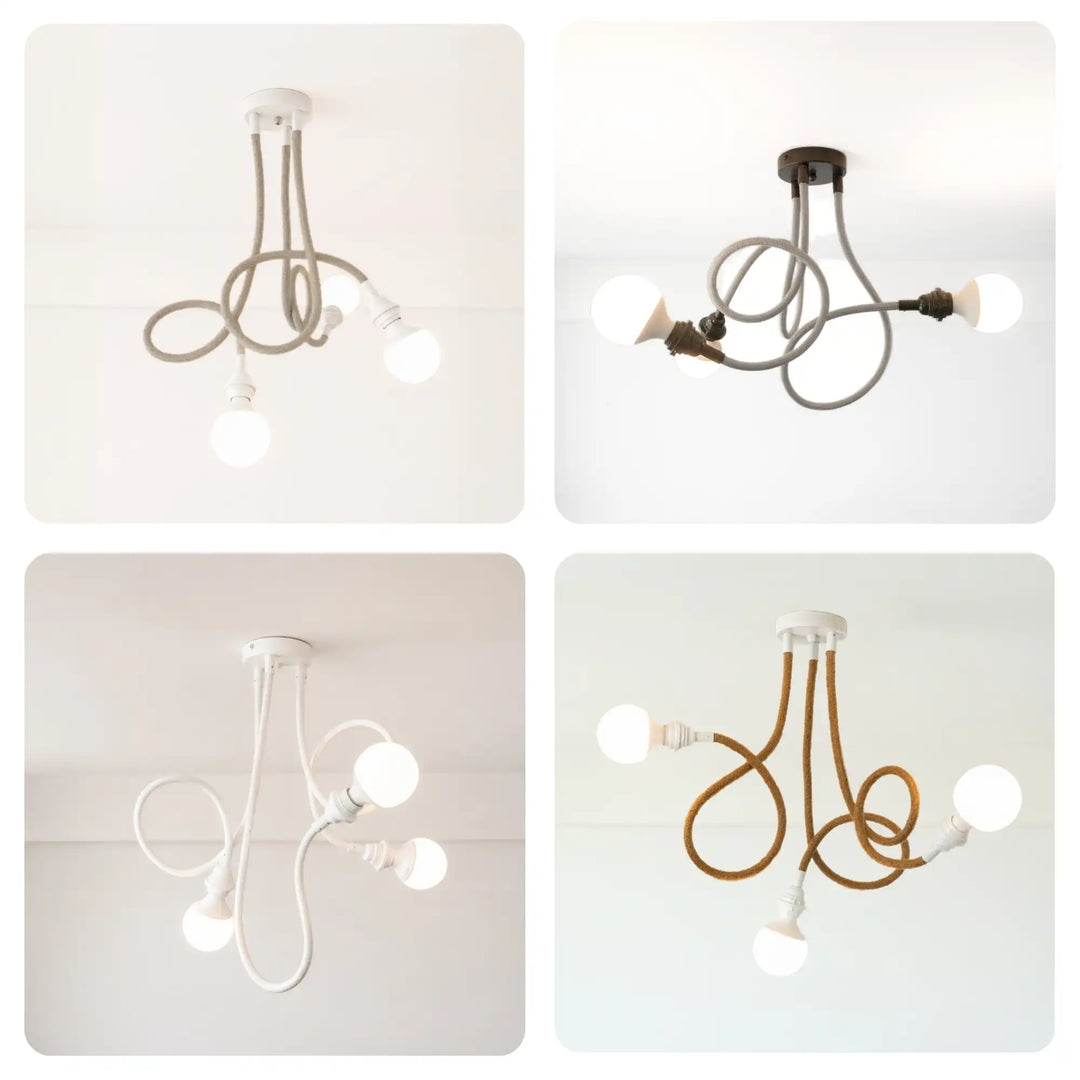 Installation variées suspensions modulables TWIST 3 ampoules, matière ficelle ou lin 