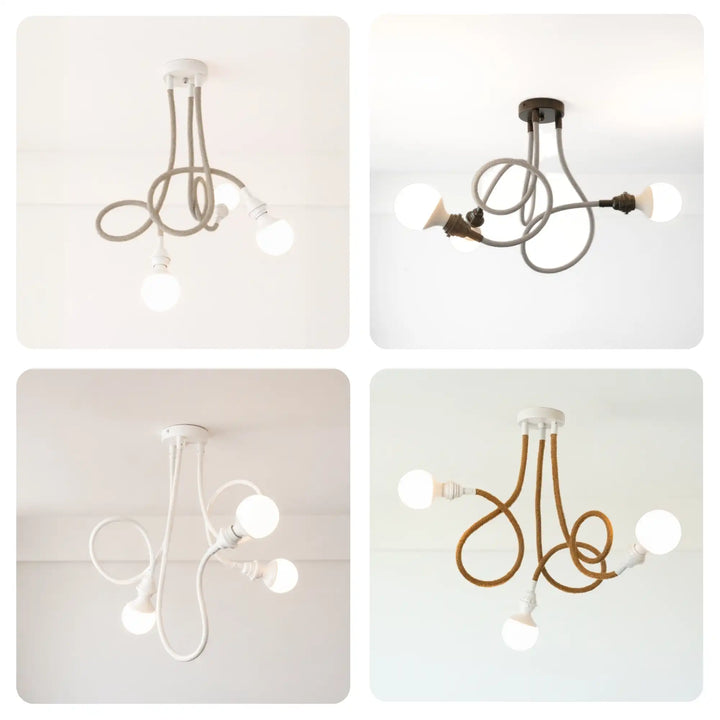 Installation variées suspensions modulables TWIST 3 ampoules, matière ficelle ou lin 