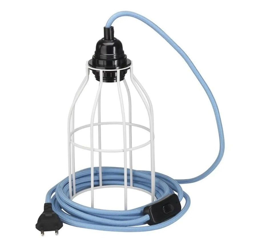 Lampe baladeuse câble bleu, cage blanche,  à poser, à enrouler ou à suspendre sans plafonnier.