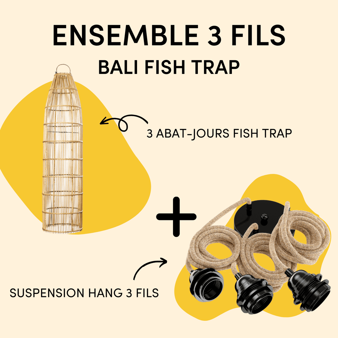 Ensemble luminaire Bali Fish Trap Abat-jour Hoopzi Suspension 3 fils 