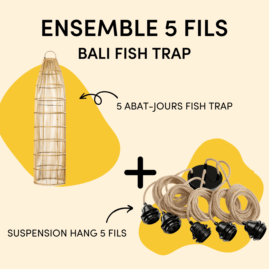 Ensemble luminaire Bali Fish Trap Abat-jour Hoopzi Suspension 5 fils 