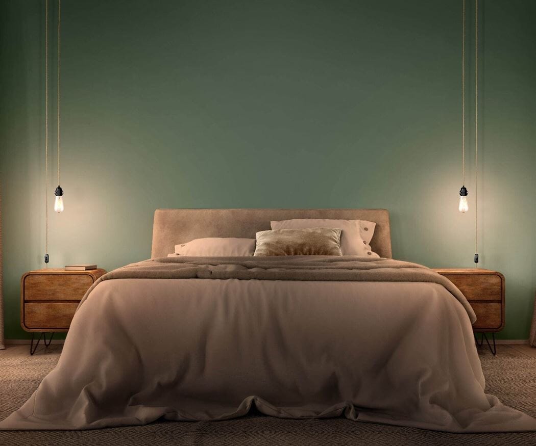 Suspension cordon naturel dans chambre parentale moderne vert d’eau