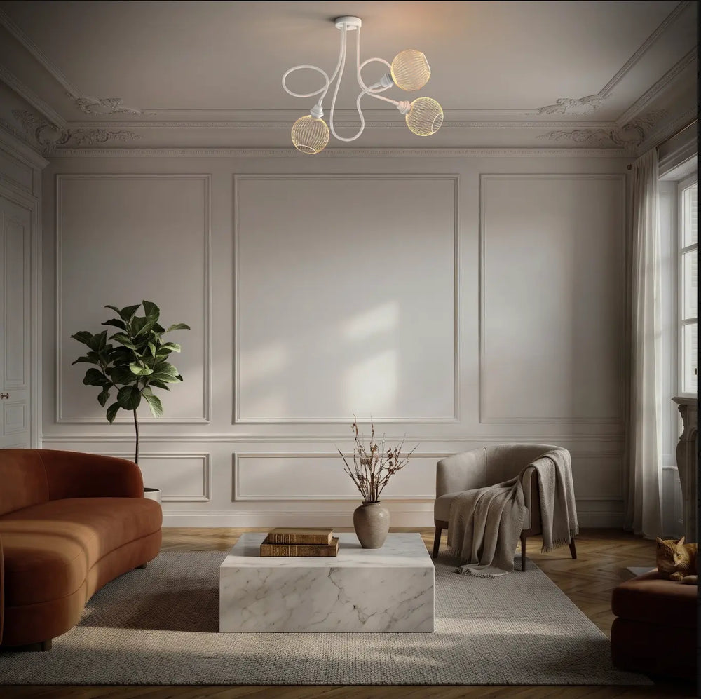 Salon avec canapé, fauteuil et suspension modulable