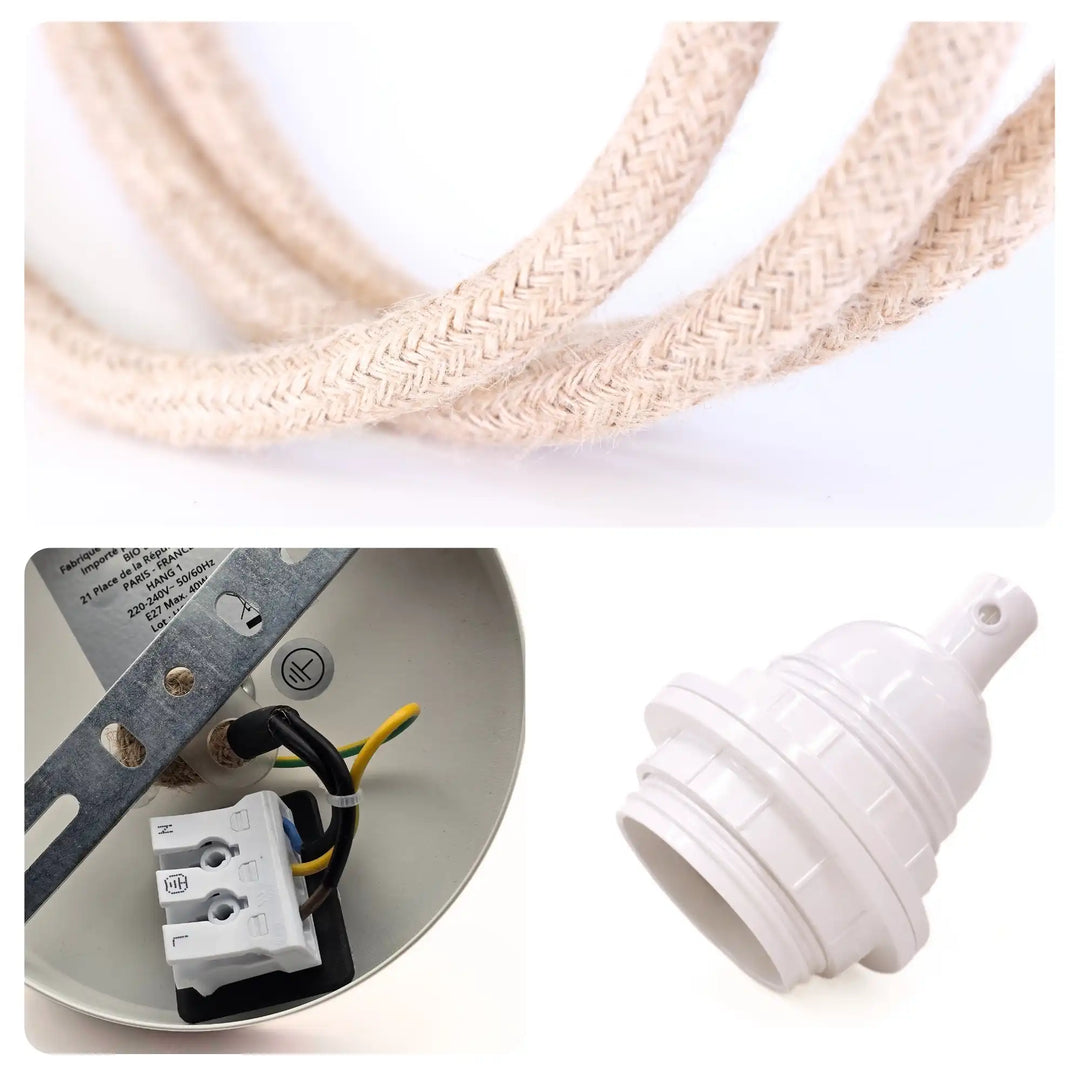 Détail suspension TWIST lin blanc câble textile douille blanche et systéme DCL