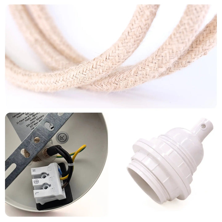 Détail suspension TWIST lin blanc câble textile douille blanche et systéme DCL