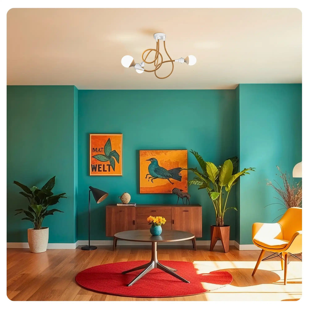 Suspension TWIST ficelle 3 ampoules dans un salon ambiance rétro