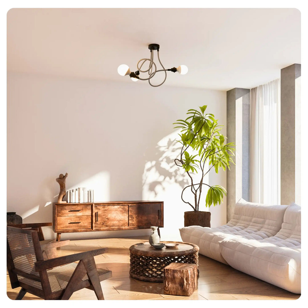 Suspension TWIST lin naturel 3 ampoules dans un salon