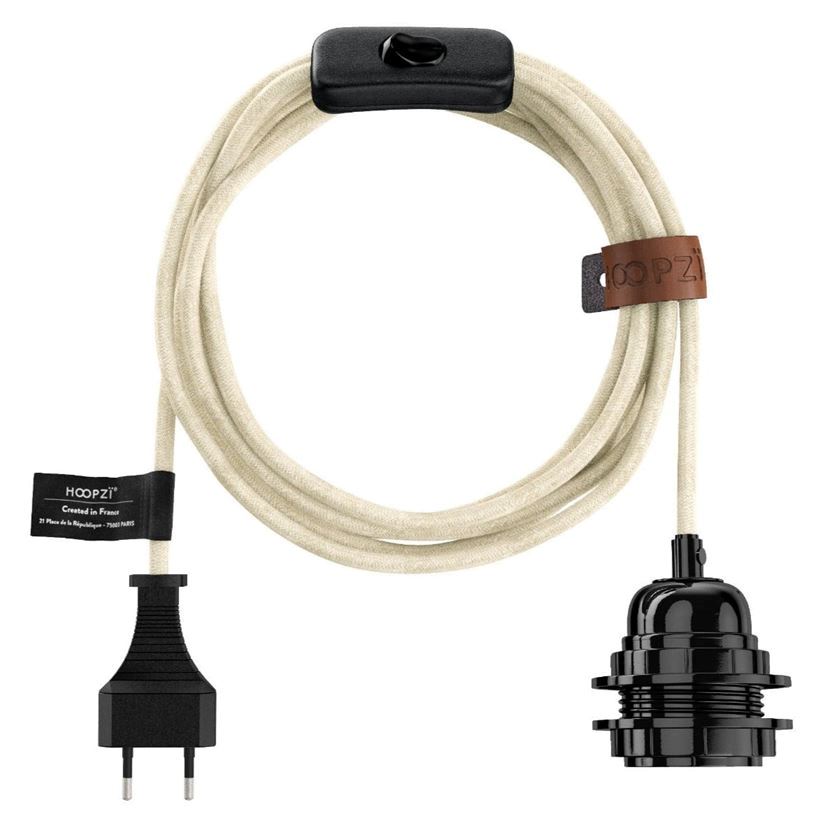 Suspension luminaire cordon tressé coton blanc avec douille E27 noire