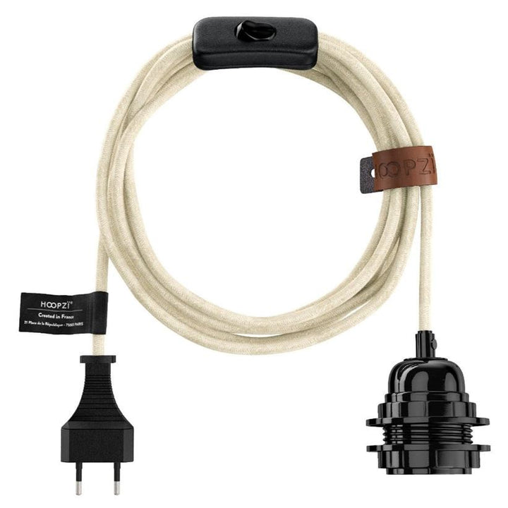 Suspension luminaire cordon tressé coton blanc avec douille E27 noire